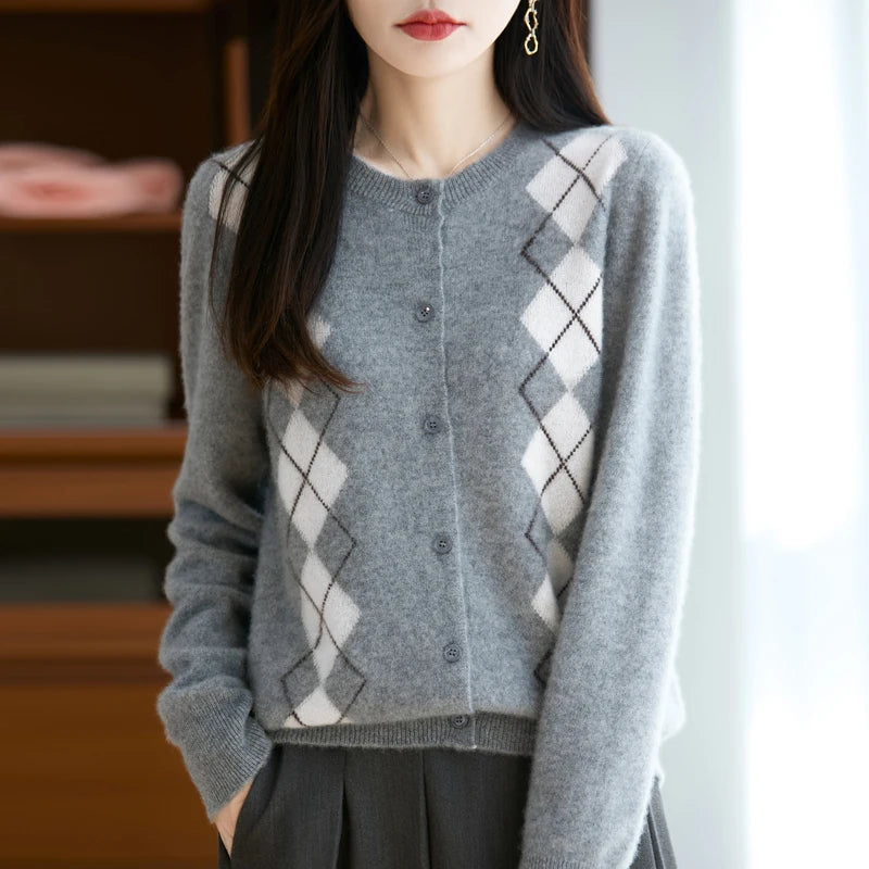 Quality Women's 100% Merino Wool O-neck Diamond Grid Jacquard Cardigan Autumn Winter Casual Sweater Basic Simple Comfort Knitted
