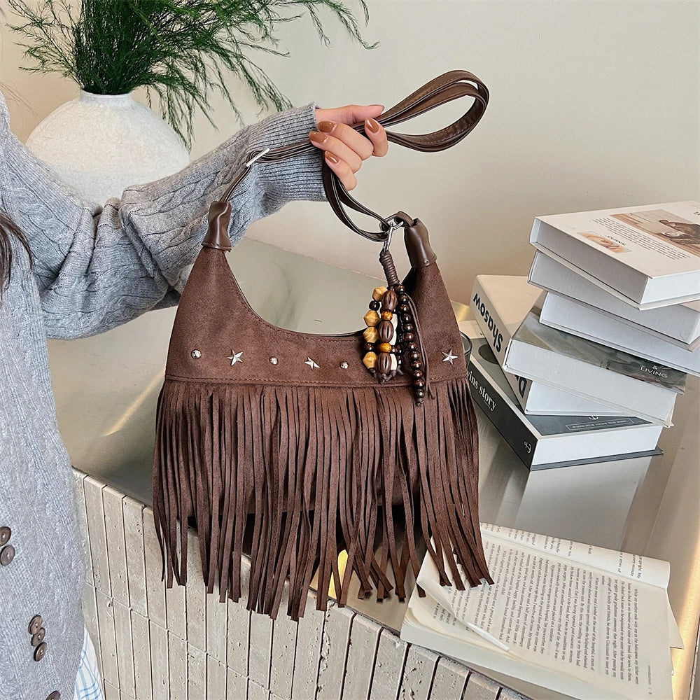 MOODS Fashion Shoulder Bags For Women Rivets Tassels Decored PU Suede Cross Body Bag 2025 Autumn Latest Luxury Designer Handbags