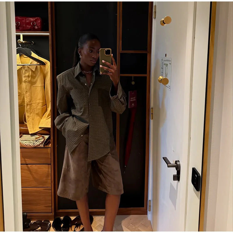 Casual Women's Grid Shirts Shoulder Pad Turn-Down Collar Button Loose Lady Shirt 2026 Spring Fashion Female Street Outwear