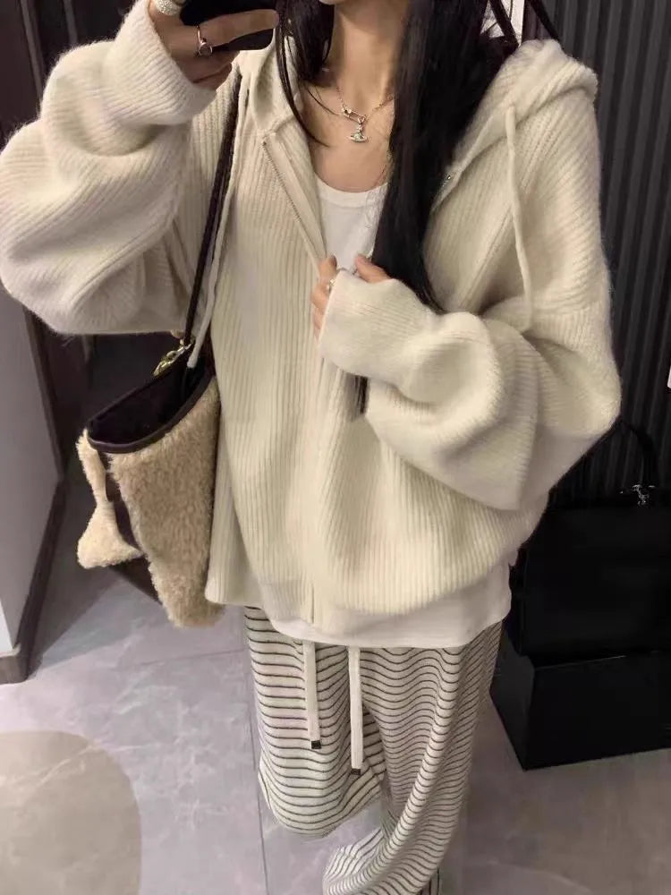 High-end zipper hooded pure cashmere knitted cardigan women's autumn and winter loose woolen coat hoodie and wool jacket