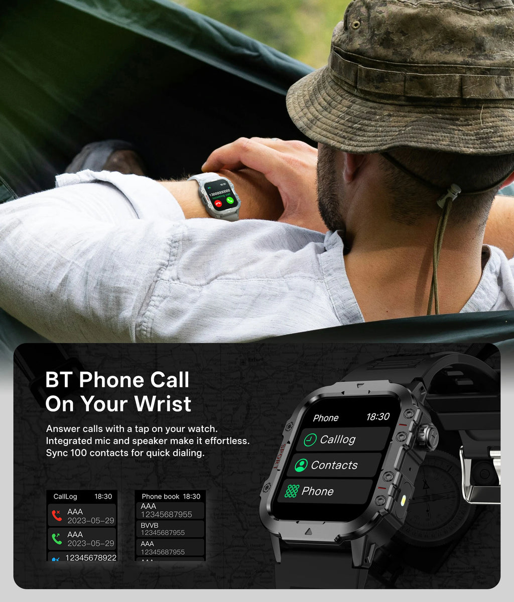 2026 New Military Smart Watch Men IP67 3ATM Outdoor Sports Fitness Tracker Health Monitor 1.44Inch BT Call Smartwatch