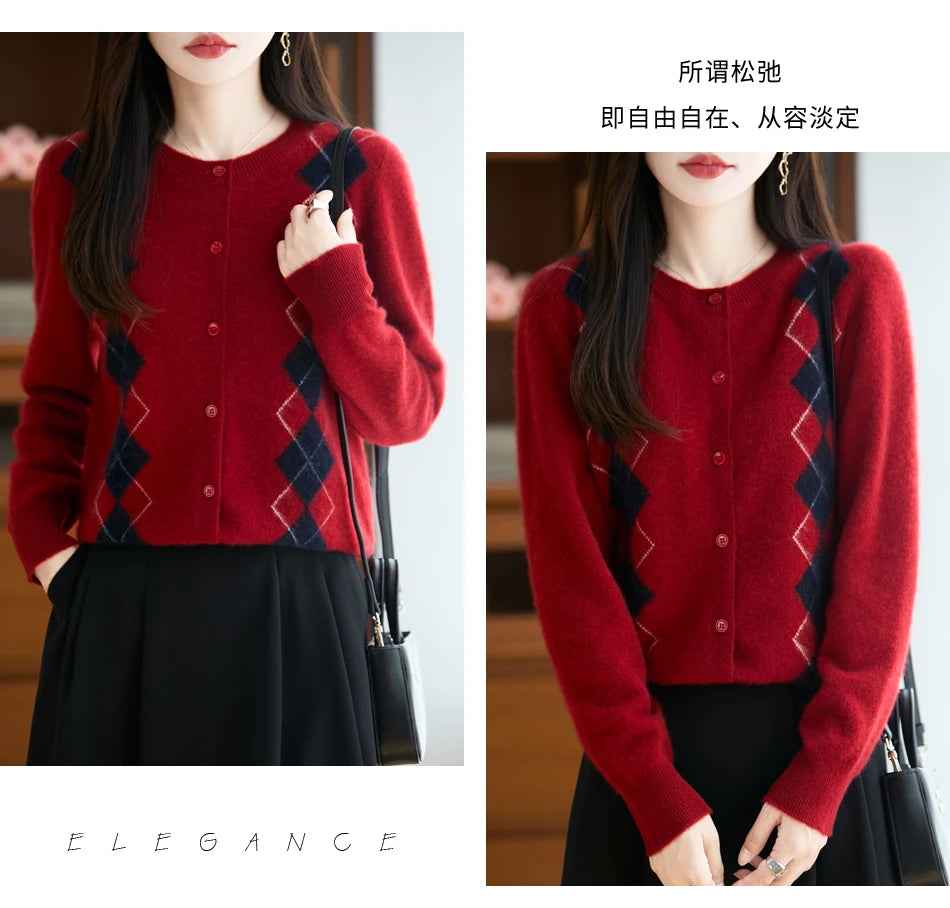 Quality Women's 100% Merino Wool O-neck Diamond Grid Jacquard Cardigan Autumn Winter Casual Sweater Basic Simple Comfort Knitted