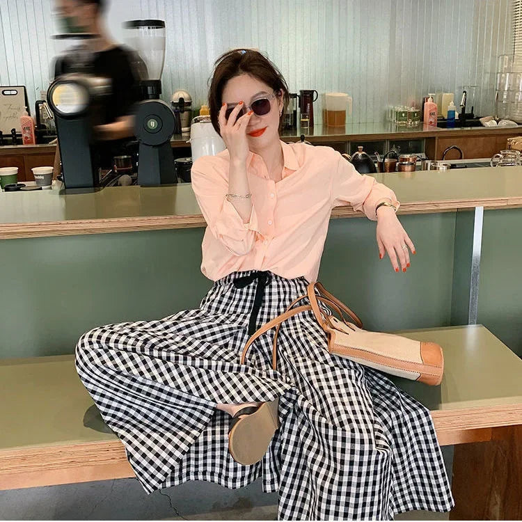 Plaid Wide-leg Skort Women's Spring Autumn New Elastic Waist A- line Half Umbrella Skirt Loose-fit Versatile Casual Trousers