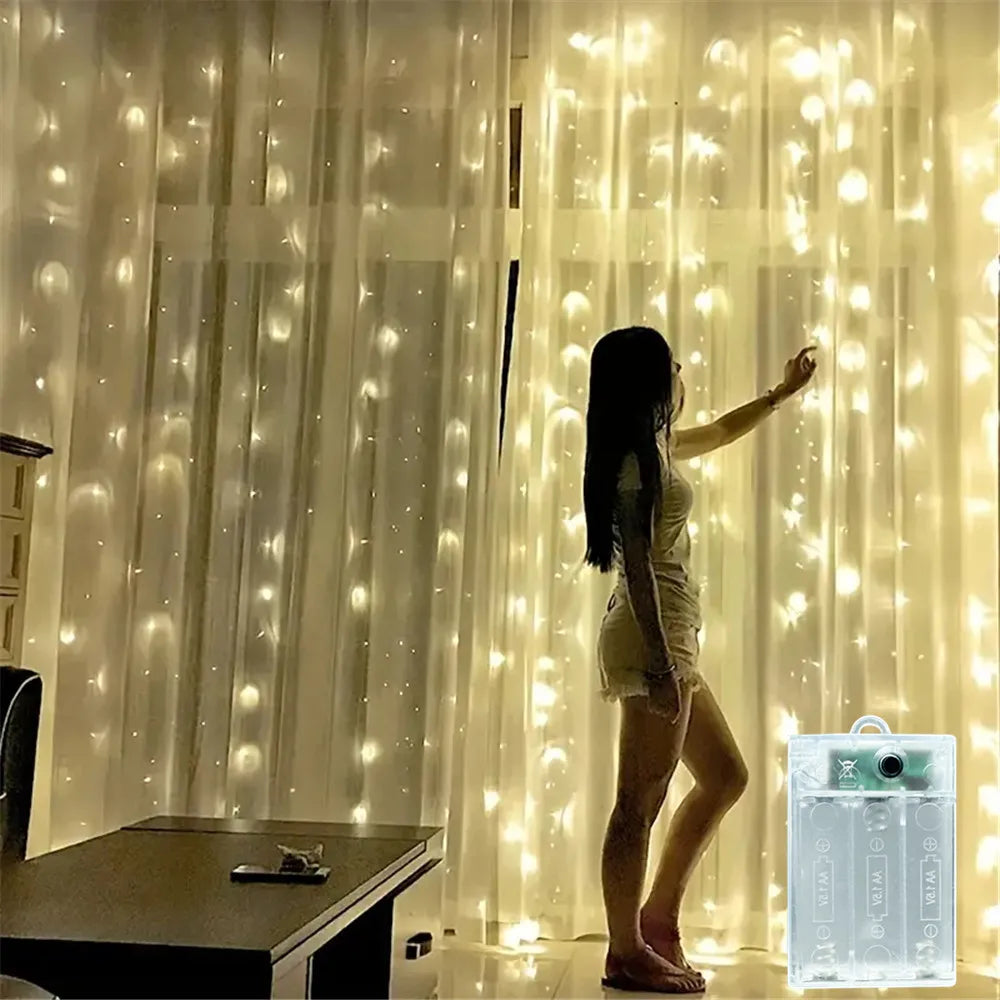 Christmas Lights LED Fairy String Curtain Lights Battery Powered 8 Mode Christmas Decor For Home Holiday New Year 2027 Lamp