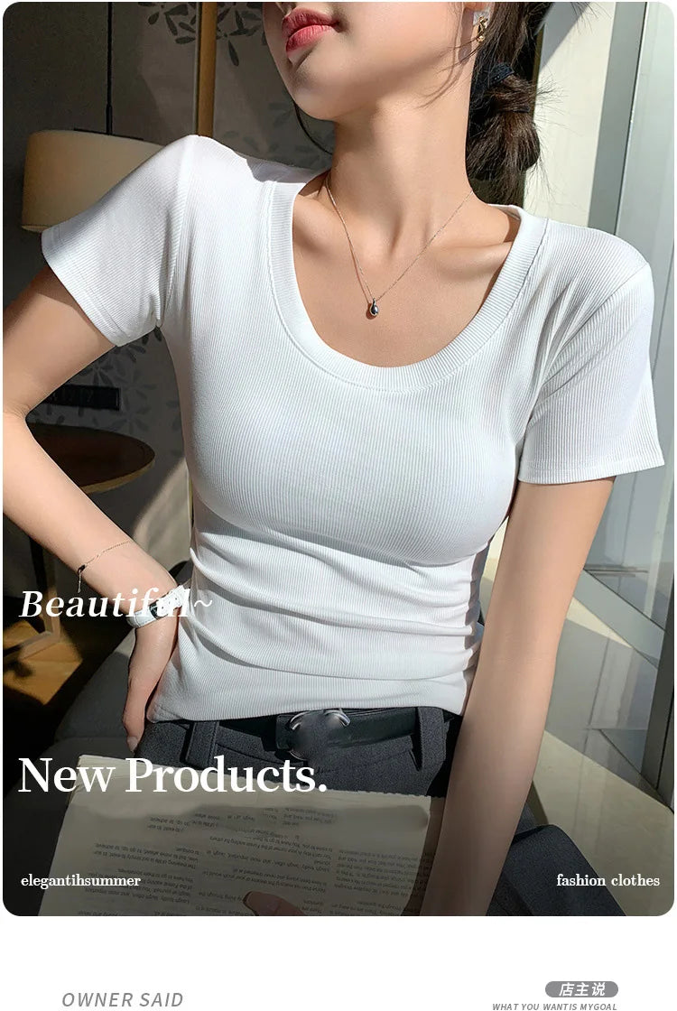 BIVIGAOS Summer New Solid Color U-Neck Short Sleeve T-Shirt Women Casual Fashionable Threaded Cotton Slim Tshirt Top