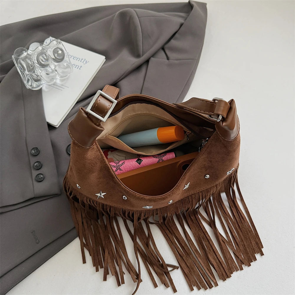 MOODS Fashion Shoulder Bags For Women Rivets Tassels Decored PU Suede Cross Body Bag 2025 Autumn Latest Luxury Designer Handbags