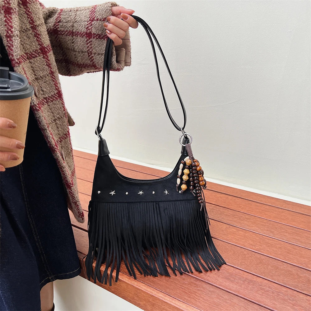 MOODS Fashion Shoulder Bags For Women Rivets Tassels Decored PU Suede Cross Body Bag 2025 Autumn Latest Luxury Designer Handbags