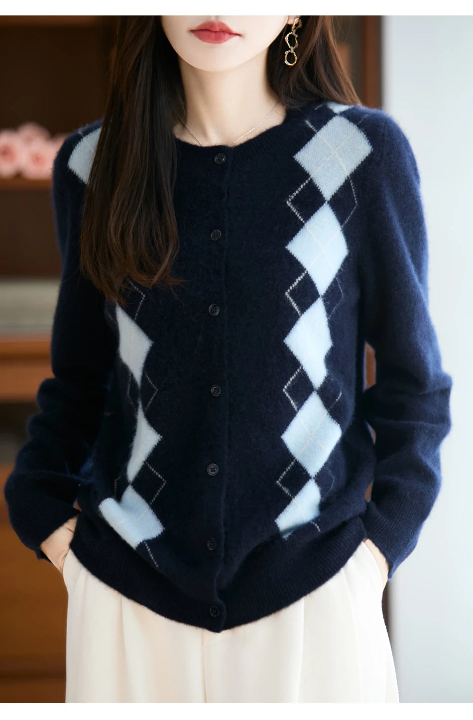 Quality Women's 100% Merino Wool O-neck Diamond Grid Jacquard Cardigan Autumn Winter Casual Sweater Basic Simple Comfort Knitted