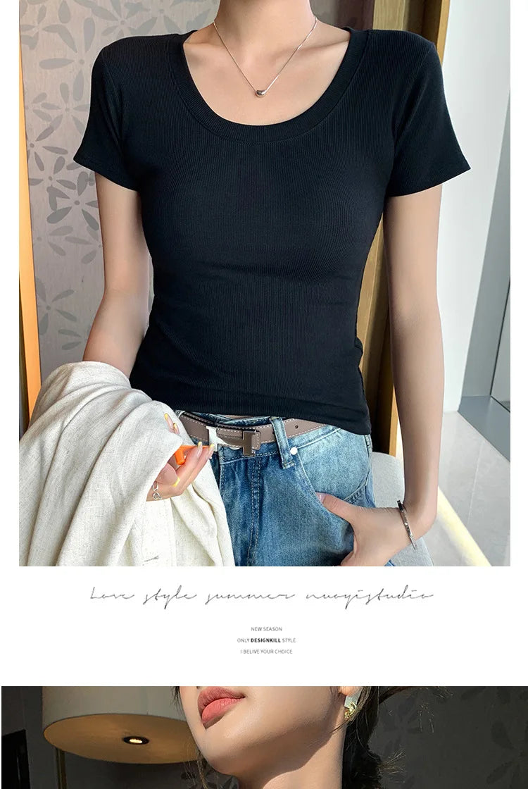 BIVIGAOS Summer New Solid Color U-Neck Short Sleeve T-Shirt Women Casual Fashionable Threaded Cotton Slim Tshirt Top