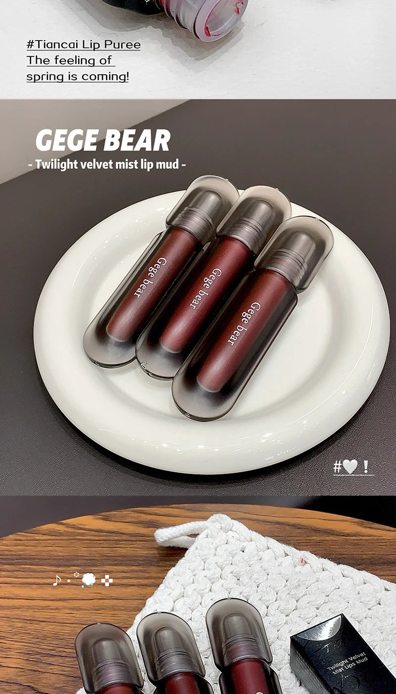 Gege bear Twilight Velvet Mist Lip Clay Matte Pure Color, Autumn and Winter Lip Glaze Rich and feminine,Apply makeup naturally