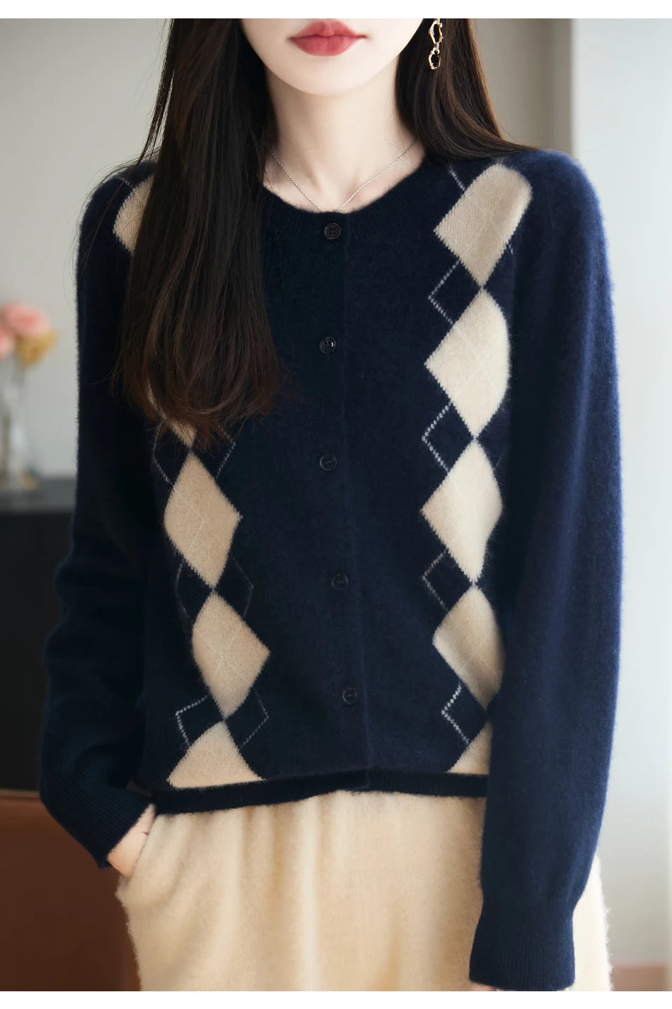 Quality Women's 100% Merino Wool O-neck Diamond Grid Jacquard Cardigan Autumn Winter Casual Sweater Basic Simple Comfort Knitted
