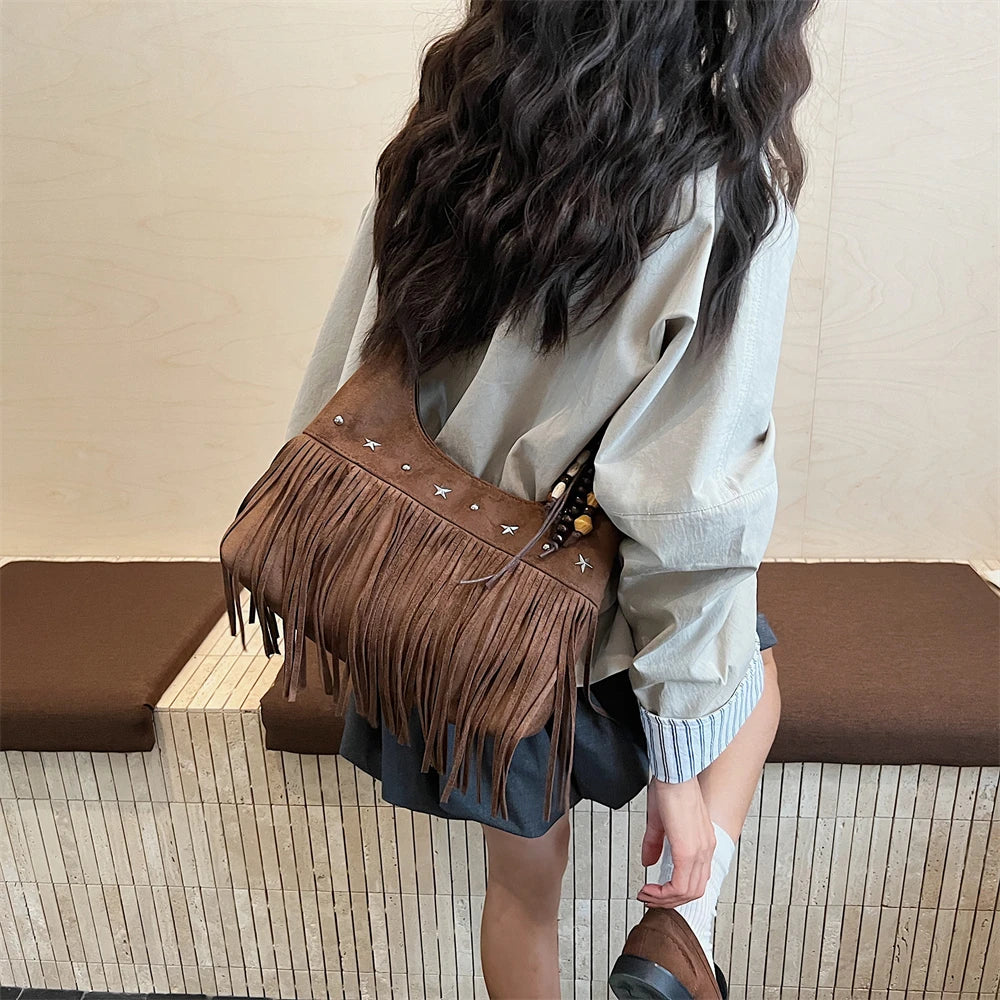 MOODS Fashion Shoulder Bags For Women Rivets Tassels Decored PU Suede Cross Body Bag 2025 Autumn Latest Luxury Designer Handbags