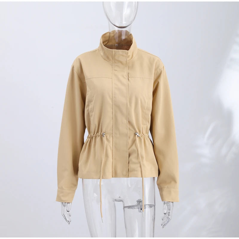 Fashion Solid Drawstring Waist Cinching Jacket Women Stand Full Sleeve Full Sleeve Pocket Jackets 2026 Autumn Casual Outwear