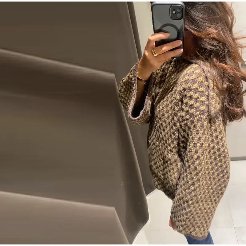 Fashion Lapel Plaid Knit Cardigan Women Loose Single Breasted Pocket Warm Jackets 2025 Autumn Winter Chic Lady Knitwear New Coat