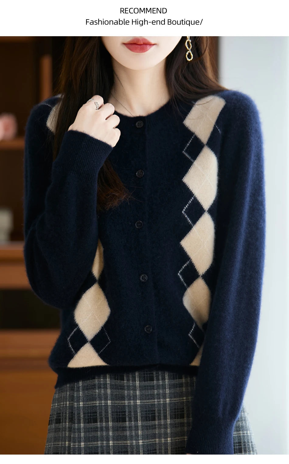 Quality Women's 100% Merino Wool O-neck Diamond Grid Jacquard Cardigan Autumn Winter Casual Sweater Basic Simple Comfort Knitted