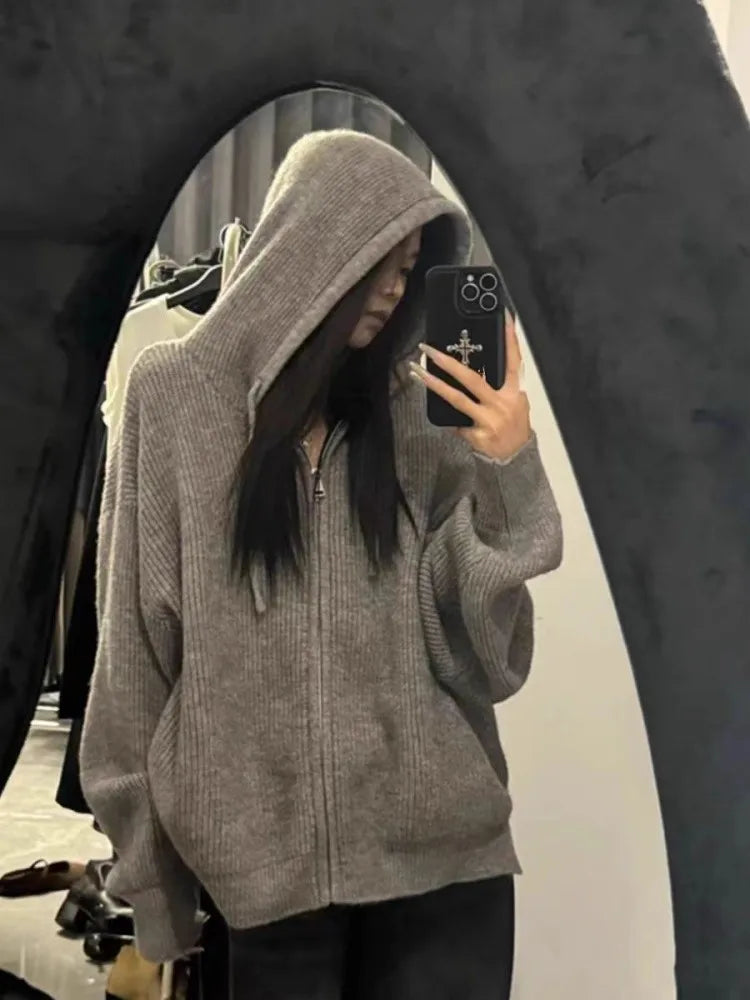 High-end zipper hooded pure cashmere knitted cardigan women's autumn and winter loose woolen coat hoodie and wool jacket