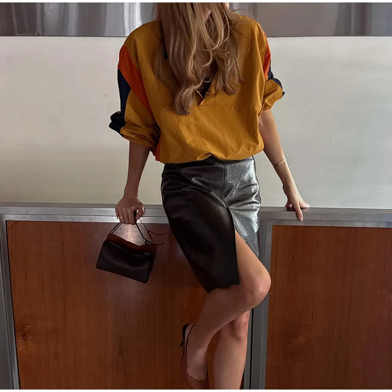 Casual Contrast Color Women's Coat Long Sleeve Loose Stand Collar Button Lady Jackets 2026 Fashion Female Autumn Outerwear