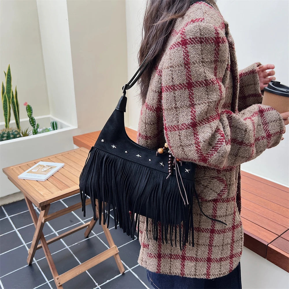 MOODS Fashion Shoulder Bags For Women Rivets Tassels Decored PU Suede Cross Body Bag 2025 Autumn Latest Luxury Designer Handbags