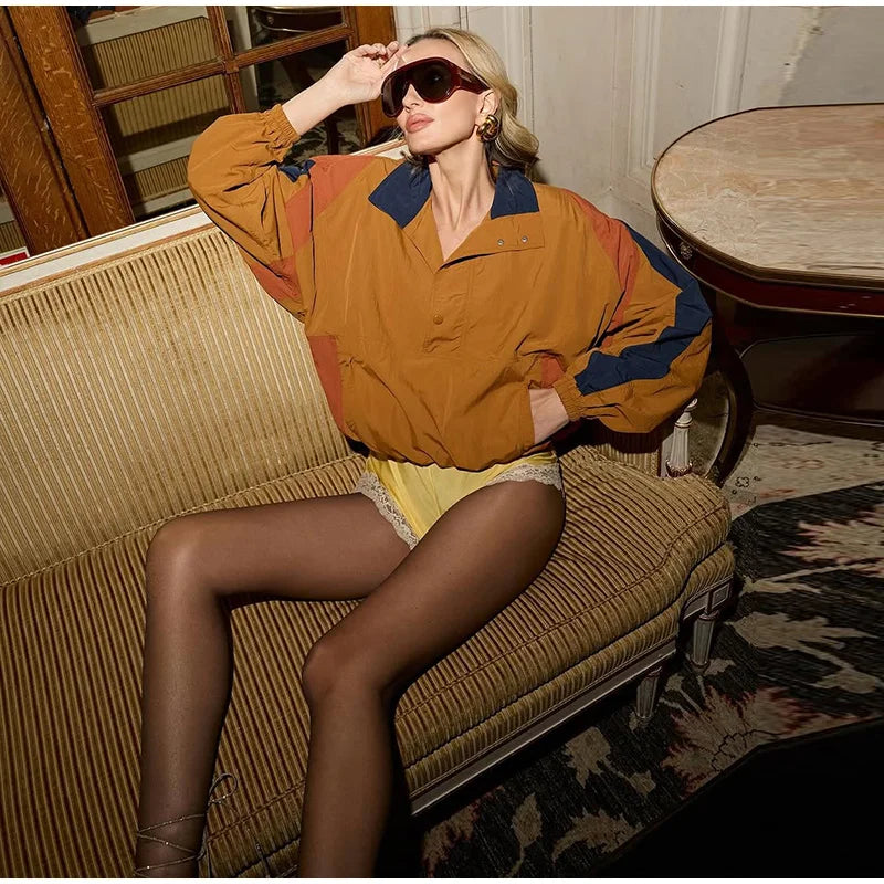 Casual Contrast Color Women's Coat Long Sleeve Loose Stand Collar Button Lady Jackets 2026 Fashion Female Autumn Outerwear