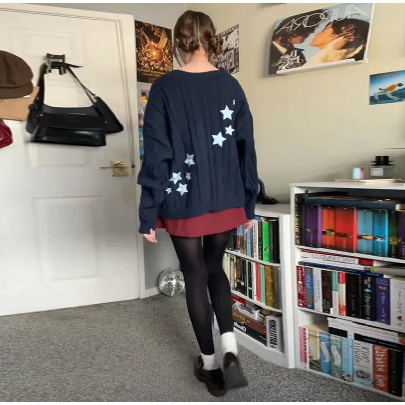 Elegant Star Print Knit Cardigan Women's Loose Long Sleeve Single Breasted Sweater 2025 Autumn Lady Fashion Soft Cozy Cover Up
