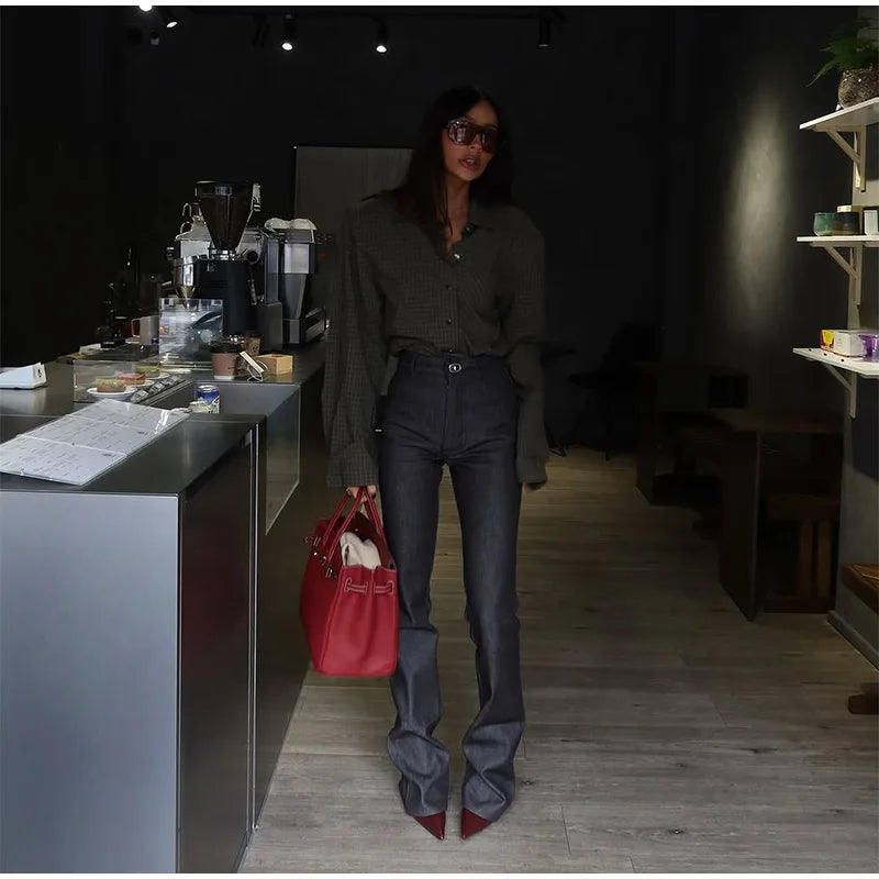 Casual Women's Grid Shirts Shoulder Pad Turn-Down Collar Button Loose Lady Shirt 2026 Spring Fashion Female Street Outwear