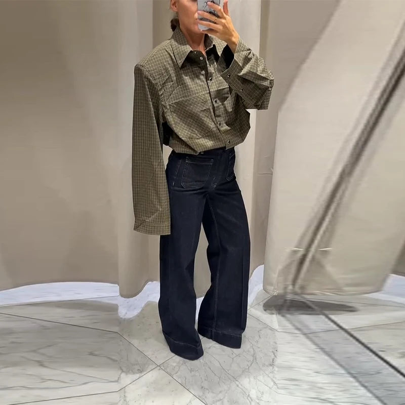 Casual Women's Grid Shirts Shoulder Pad Turn-Down Collar Button Loose Lady Shirt 2026 Spring Fashion Female Street Outwear