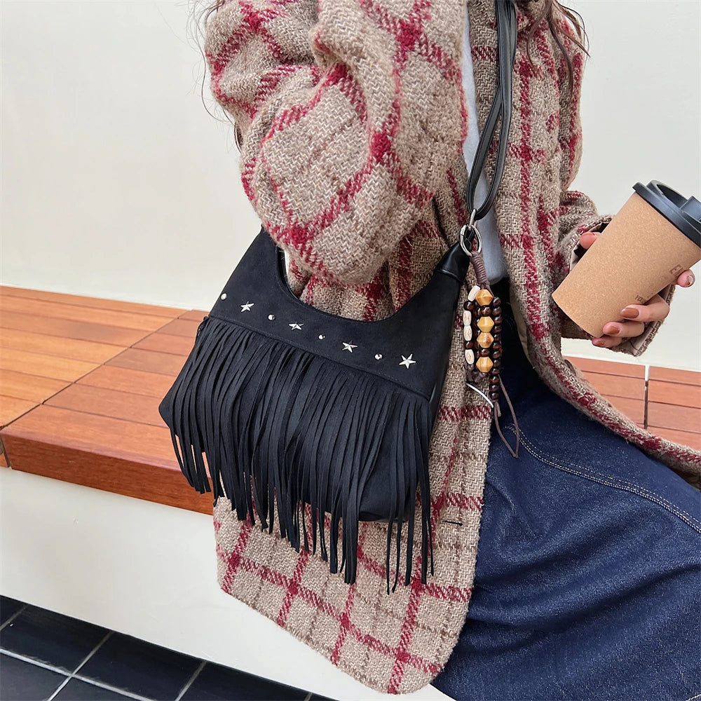 MOODS Fashion Shoulder Bags For Women Rivets Tassels Decored PU Suede Cross Body Bag 2025 Autumn Latest Luxury Designer Handbags