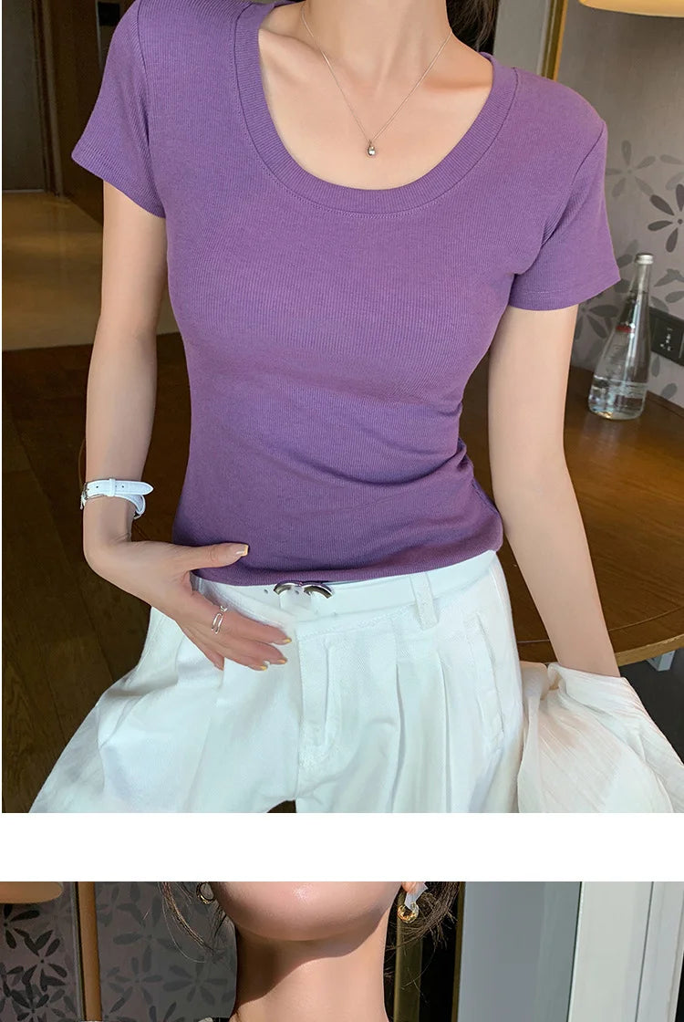 BIVIGAOS Summer New Solid Color U-Neck Short Sleeve T-Shirt Women Casual Fashionable Threaded Cotton Slim Tshirt Top