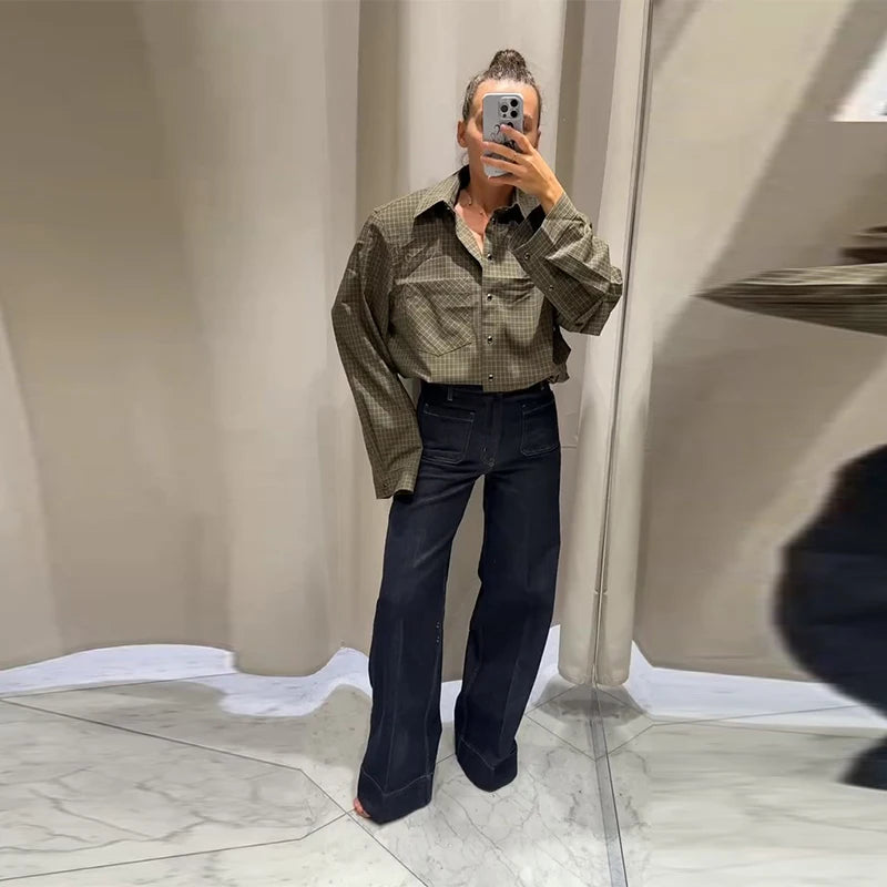 Casual Women's Grid Shirts Shoulder Pad Turn-Down Collar Button Loose Lady Shirt 2026 Spring Fashion Female Street Outwear