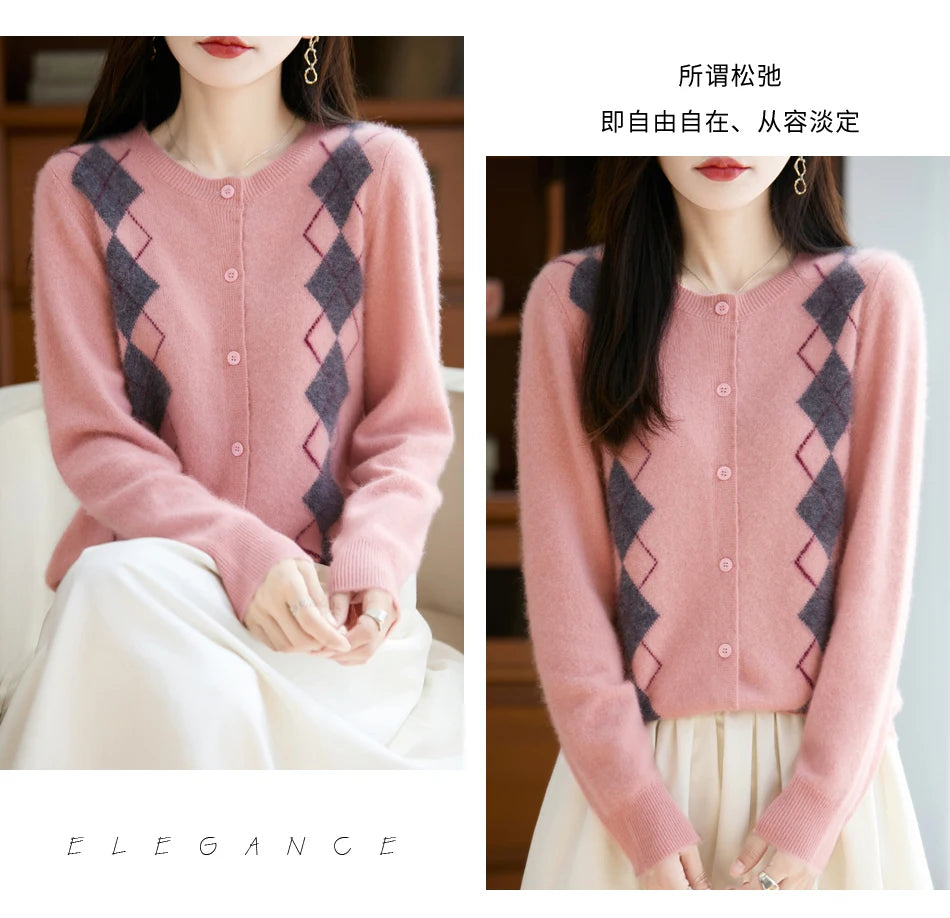 Quality Women's 100% Merino Wool O-neck Diamond Grid Jacquard Cardigan Autumn Winter Casual Sweater Basic Simple Comfort Knitted