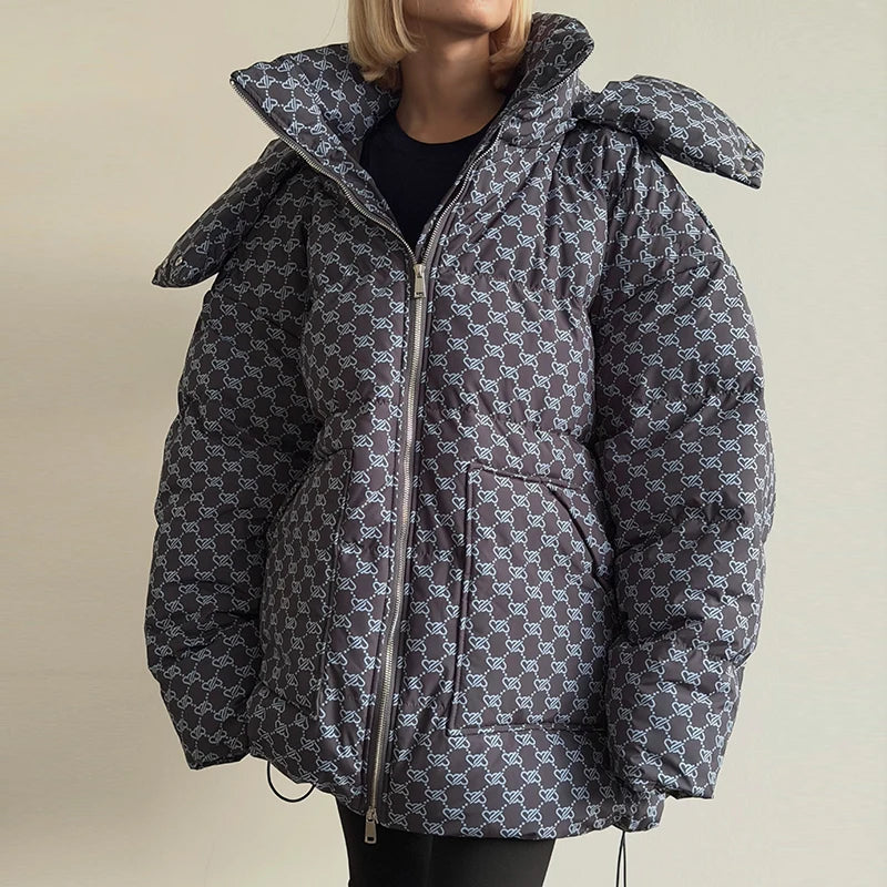 2026 Winter Printed Hooded Puffer Coat Stand Collar Zip Up Big Pockets Women Street Casual Daily Fashion Outfit Trendy Outerwear