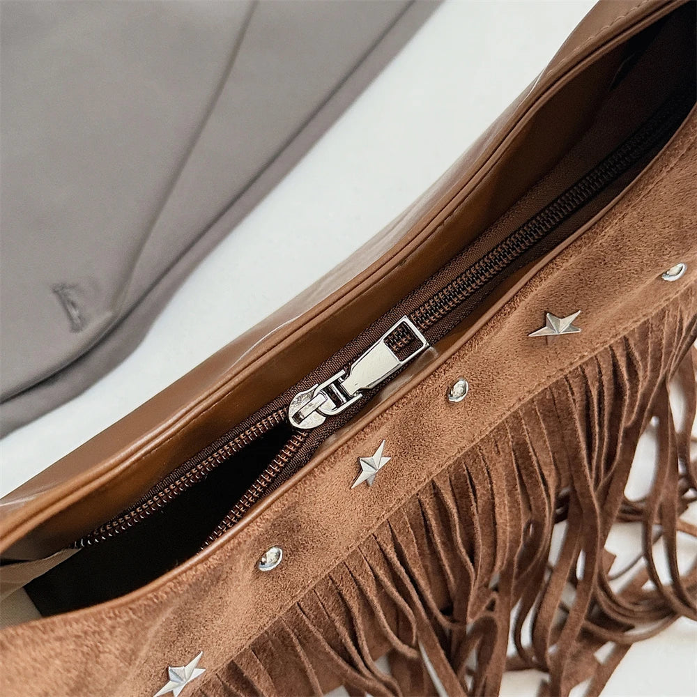 MOODS Fashion Shoulder Bags For Women Rivets Tassels Decored PU Suede Cross Body Bag 2025 Autumn Latest Luxury Designer Handbags