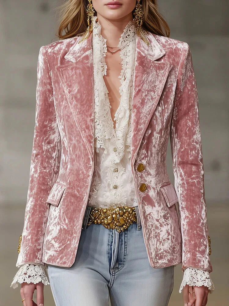 Elegant Velvet Blazer for Women Single-breasted Lapel Female Blazer Jacket Slim Fit Solid Jacquard Outerwear Coat Autumn Winter