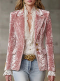 Elegant Velvet Blazer for Women Single-breasted Lapel Female Blazer Jacket Slim Fit Solid Jacquard Outerwear Coat Autumn Winter