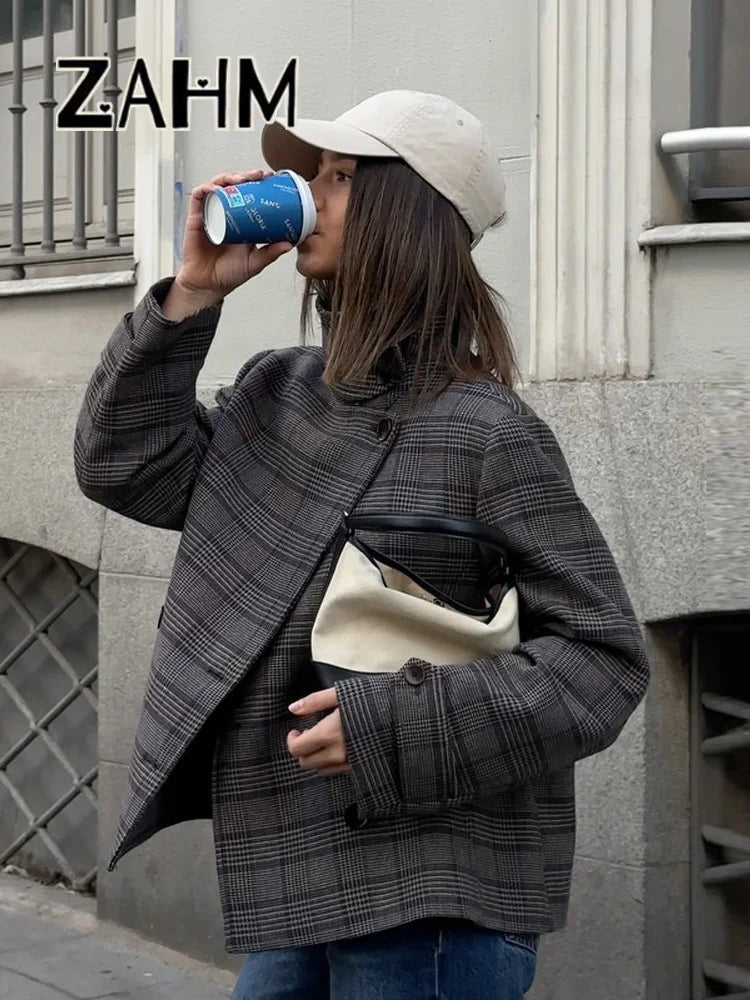 Elegant Plaid Woolen Jacket Women Loose Full Sleeve Stand Collar Double Breasted Coat Female 2026 Spring Chic Outwear Lady New