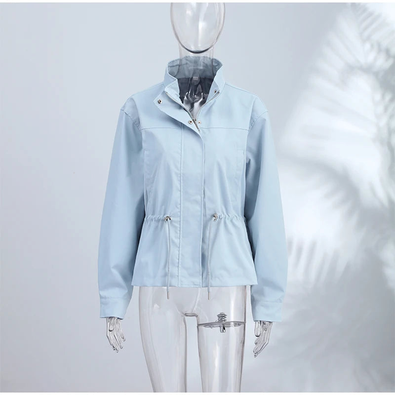 Fashion Solid Drawstring Waist Cinching Jacket Women Stand Full Sleeve Full Sleeve Pocket Jackets 2026 Autumn Casual Outwear