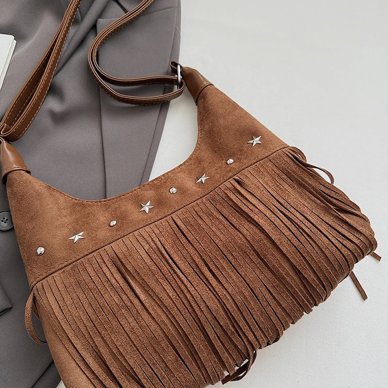 MOODS Fashion Shoulder Bags For Women Rivets Tassels Decored PU Suede Cross Body Bag 2025 Autumn Latest Luxury Designer Handbags
