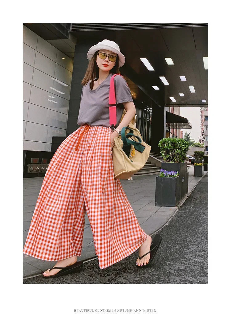 Plaid Wide-leg Skort Women's Spring Autumn New Elastic Waist A- line Half Umbrella Skirt Loose-fit Versatile Casual Trousers