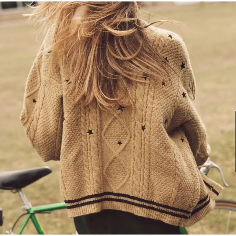 Elegant Star Print Knit Cardigan Women's Loose Long Sleeve Single Breasted Sweater 2025 Autumn Lady Fashion Soft Cozy Cover Up