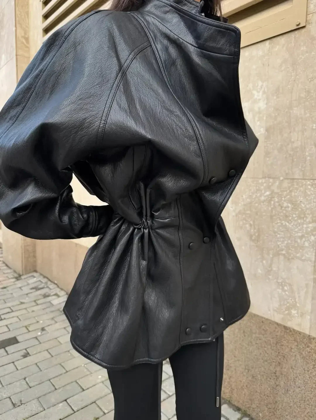 Solid Glossy Leather Jacket Women Fashion Stand Collar Zipper Pocket Cinched-waist Coat Autumn Lady Daily High Street Overcoat