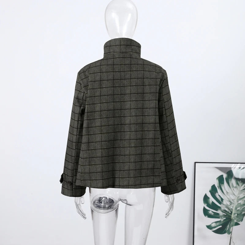 Elegant Plaid Woolen Jacket Women Loose Full Sleeve Stand Collar Double Breasted Coat Female 2026 Spring Chic Outwear Lady New