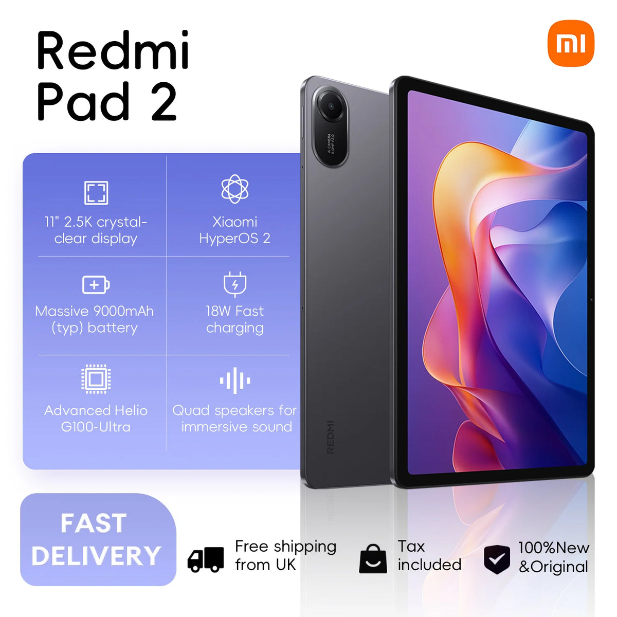 Xiaomi Redmi Pad 2 8+256GB WIFI Global Version MediaTek Helio G100-Ultra HyperOS 2 9000mAh 18W Charging 11" 90Hz 2.5K Display
