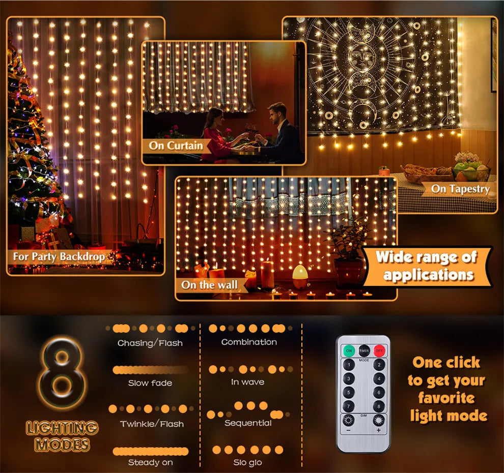 Christmas Lights 300LED Fairy String Curtain Lights 8 Mode Remote USB Festoon Christmas Decor For Home Holiday New Year Lamp