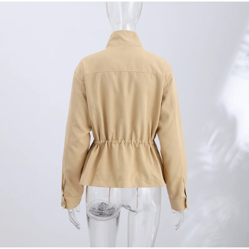 Fashion Solid Drawstring Waist Cinching Jacket Women Stand Full Sleeve Full Sleeve Pocket Jackets 2026 Autumn Casual Outwear