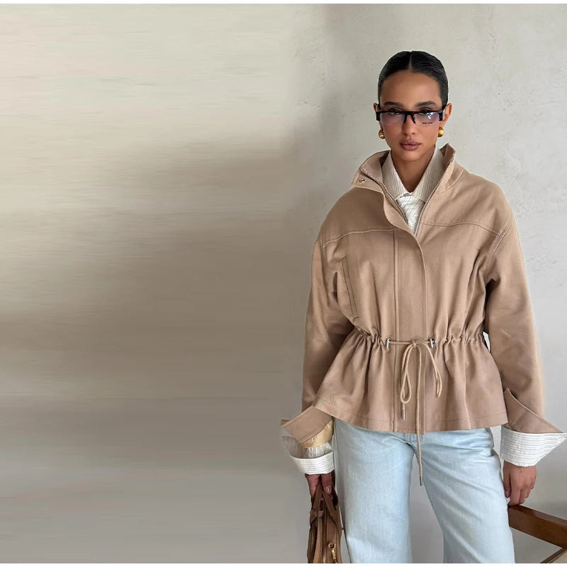 Fashion Solid Drawstring Waist Cinching Jacket Women Stand Full Sleeve Full Sleeve Pocket Jackets 2026 Autumn Casual Outwear