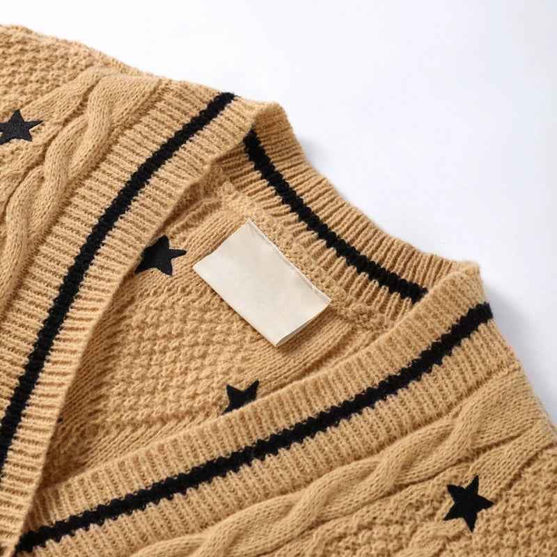 Elegant Star Print Knit Cardigan Women's Loose Long Sleeve Single Breasted Sweater 2025 Autumn Lady Fashion Soft Cozy Cover Up