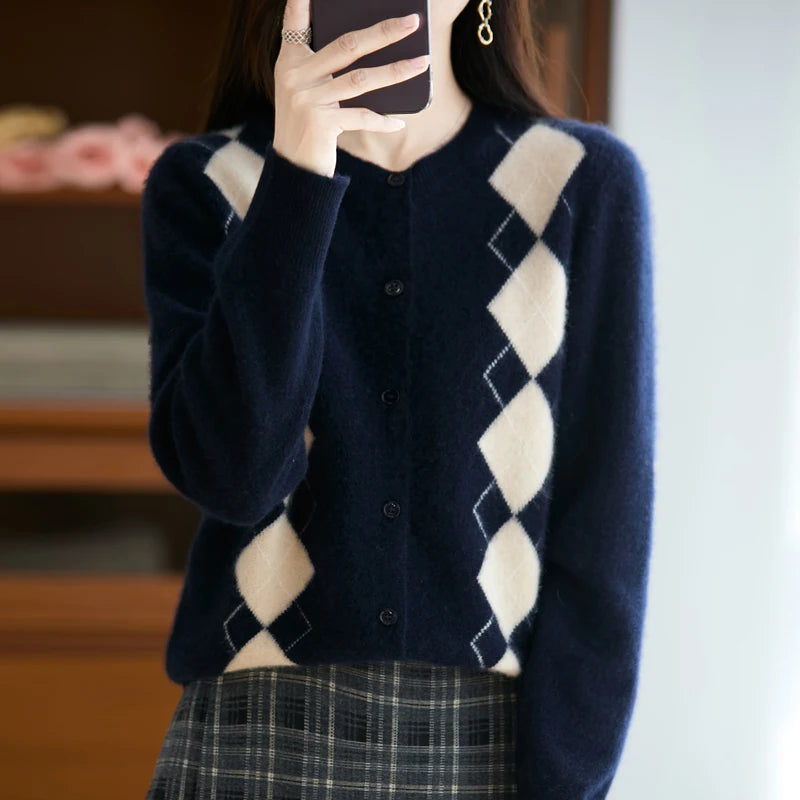 Quality Women's 100% Merino Wool O-neck Diamond Grid Jacquard Cardigan Autumn Winter Casual Sweater Basic Simple Comfort Knitted