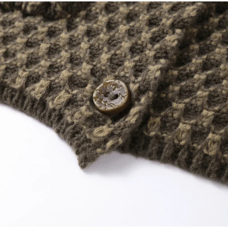 Fashion Lapel Plaid Knit Cardigan Women Loose Single Breasted Pocket Warm Jackets 2025 Autumn Winter Chic Lady Knitwear New Coat