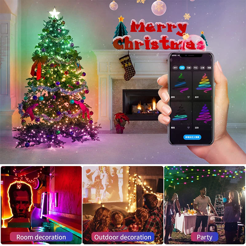 Christmas Tree Lights Outdoor Indoor, 100LED 10M WS2812B RGBIC Lights, String Lights IP65 Waterproof Bluetooth Fairy LED String