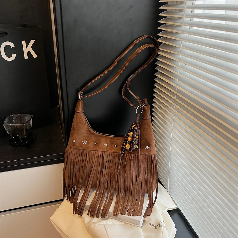 MOODS Fashion Shoulder Bags For Women Rivets Tassels Decored PU Suede Cross Body Bag 2025 Autumn Latest Luxury Designer Handbags